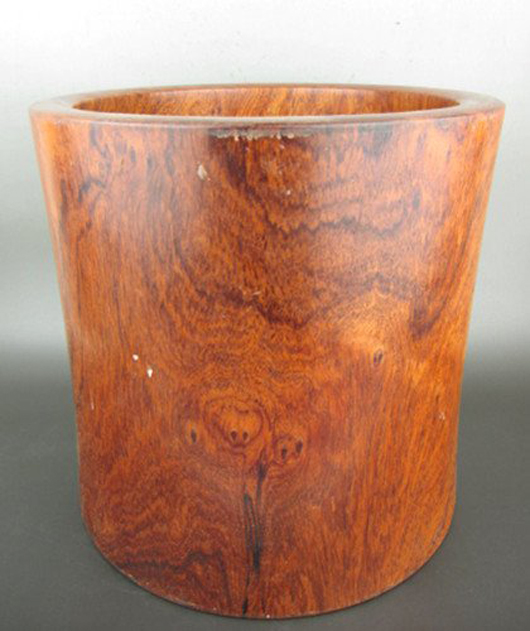 Chinese huanghuali brush pot, 1960, size: 27 x 26 centimeters. Estimate: $1,500-$2,000. CY Antiques Gallery image.