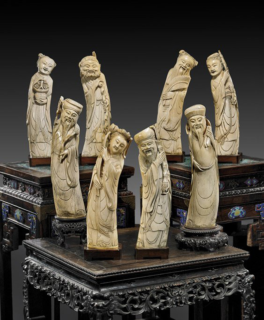 Chinese carved ivory set of the Eight Immortals, well carved and attractively patinated on wood stands. Estimate: $12,000-$15,000. I.M. Chait image.