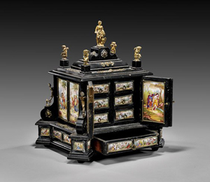 Antique Viennese enamel jewelry chest of ornate architectural form with a finial of Liberty flanked by a cherub at each corner, late 19th century, 10 3/4 inches high. Estimate: $5,000-$6,000. I.M. Chait image.