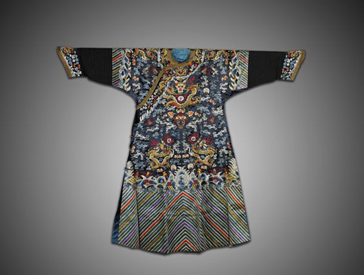 Chinese silk dragon robe, blue matallic thread. Estimate: $300-$400. I.M. Chait image.