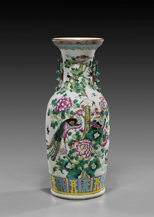 Antique Famille Rose porcelain vase decorated with birds and flowers. Estimate: $600-$800. I.M. Chait image.