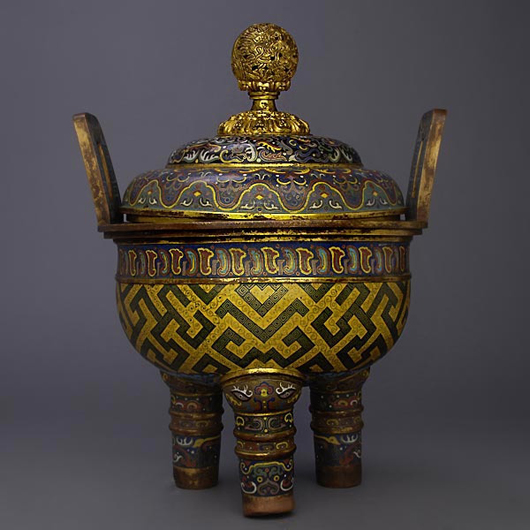 Important cloisonné enameled tripod censer and cover. Sold for $61,950.