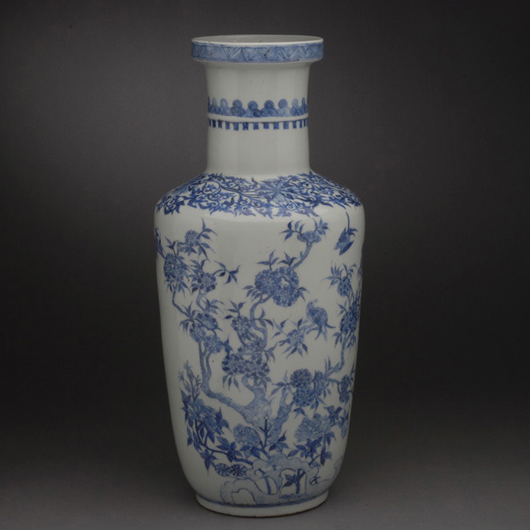 Blue and white Rouleau vase. Sold for $10,620. Michaan’s Auctions image.