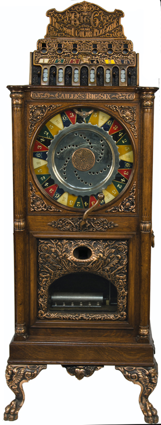 Five-cent Caille Big Six slot machine with music. Victorian Casino Antiques image.