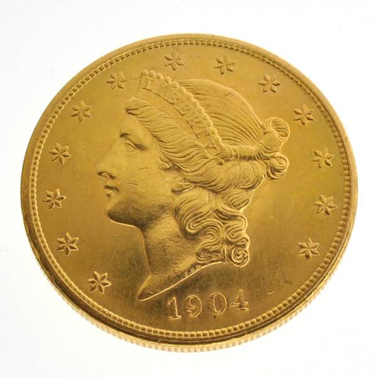 1904 $20 U.S. Liberty Head gold coin. GovernmentAuctions image.