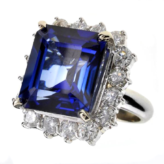 Sapphire and diamond ring, 14K white gold, 16.92 carats, rectangular cut. GovernmentAuctions image.