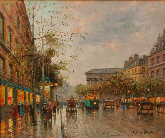 Oil on canvas street scene by Antoine Blanchard (French, 1910-1988), signed lower right, framed. Elite Decorative Arts image.