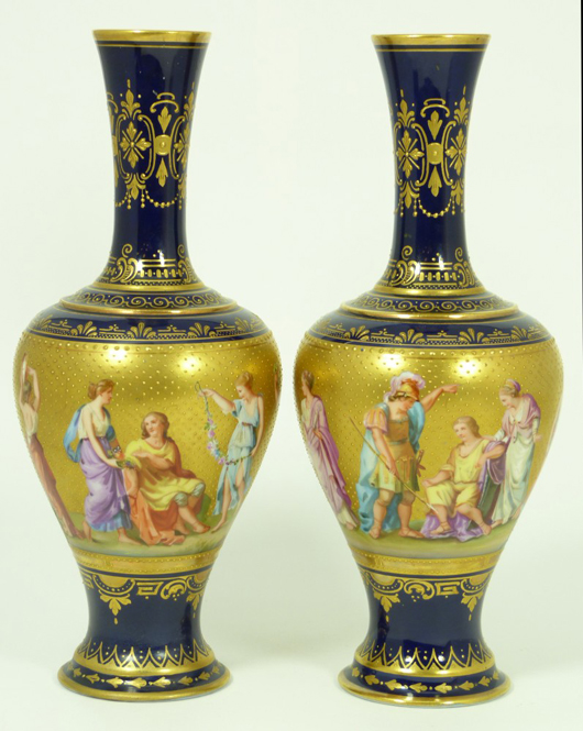 Pair of Franz Dorfl, Vienna, fine porcelain vases, each showing mythological views. Elite Decorative Arts image. 