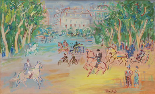 Original gouache work of a park scene with horses and carriages by Jean Dufy (French, 1888-1964). Elite Decorative Arts image.