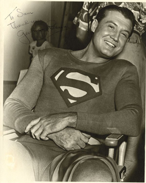 Actor George Reeves wearing his costume from the TV series 'The Adventures of Superman.' Image courtesy of LiveAuctioneers.com Archives and Profiles in History.
