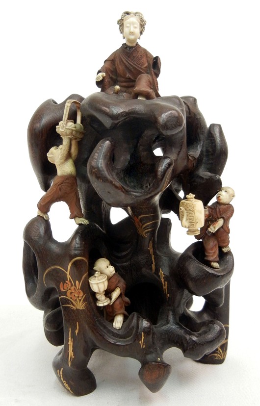 Japanese black lacquer on wood grotto ‘scholar mountain’ with ivory figurines and inlaid gold, 7¾ in. high, 18th-19th century, ex collection of L.R. Werner, Esq., London, England. Est. $300-$600. Stephenson’s Auctioneers image.