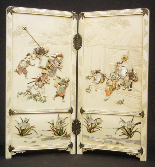 Ivory and shibayama table screen encrusted with mother of pearl and tinted ivory, figurines in rain and shelter, signed on one panel, Japan, 19th century. Est. $3,000-$6,000. Stephenson’s Auctioneers image.