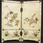 Ivory and shibayama table screen encrusted with mother of pearl and tinted ivory, figurines in rain and shelter, signed on one panel, Japan, 19th century. Est. $3,000-$6,000. Stephenson’s Auctioneers image.