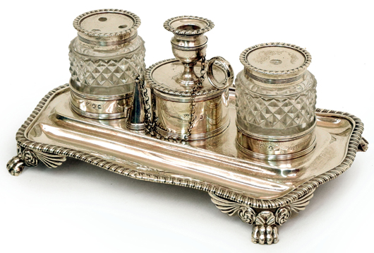 George III glass and silver inkstand, winged paw feet, engraved on back ‘Dame SJ Paston-Cooper,’ circa 1814, hallmarked for Rebecca Emes and Edward Barnard, London. Est. $400-$600. Stephenson’s Auctioneers image.