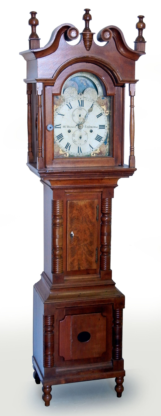 Pennsylvania walnut miniature tall case clock, Hy (Henry) Bower, F. (Feste) Swome, early 19th century. Est. $400-$600. Stephenson’s Auctioneers image.