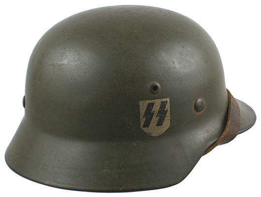 German World War II SS M1935 double decal helmet, with SS and swastika shield, 1938. Price realized: ($6,413). Mohawk Arms Inc. image.