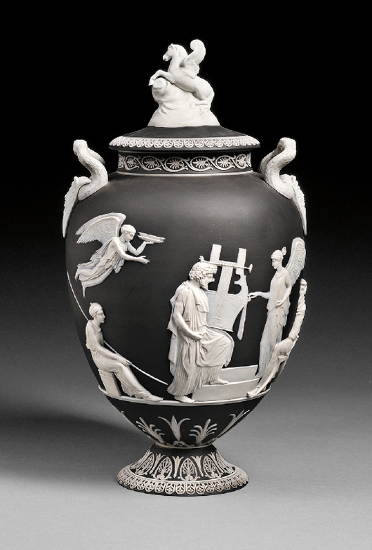 Wedgwood black jasper dip ‘Apotheosis of Homer’ vase and cover, 19th century. Estimate: $3,000-5,000.