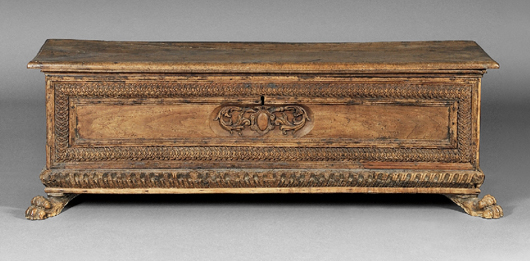 Italian Baroque fruitwood cassone, 17th century. Estimate: $800-1,200. Skinner Inc. image.