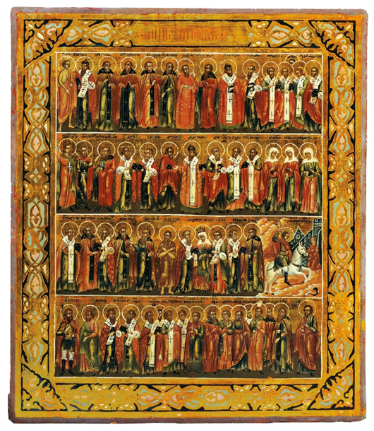 Russian icon depicting the April Minyeia, late 19th century, showing the saints for each day of the month. Estimate: $800-1,200. Skinner Inc. image.