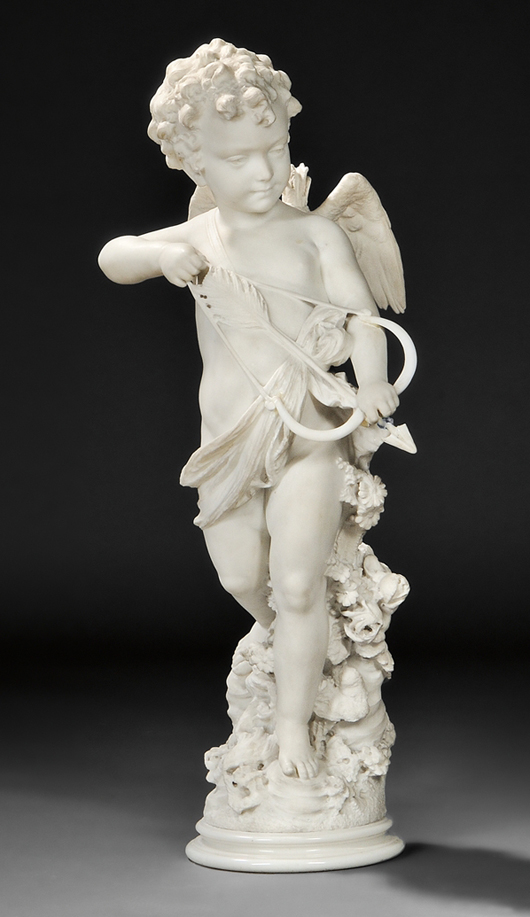 Attributed to Affortunato Gory (Italian/French, fl. 1895-1925) Cupid, carved white marble, incised ‘A. DE. G[C]ORI/GALL. LAPINI/ FIRENZE 1895.’ Estimate: $3,000-5,000. Skinner Inc. image.