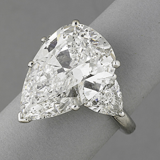The top jewelry lot was a pear-shape diamond ring that sold for $68,750. Rago Arts and Auction Center image. 