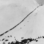 Historical photograph of miners and prospectors climbing Alaska's Chilkoot Trail during the Klondike Gold Rush, September 1898. The trail ran from Dyea, Alaska to Bennett, British Columbia, in Canada, and led to the Yukon goldfields. The trail became obsolete in 1899 when a railway was built along a parallel trail.
