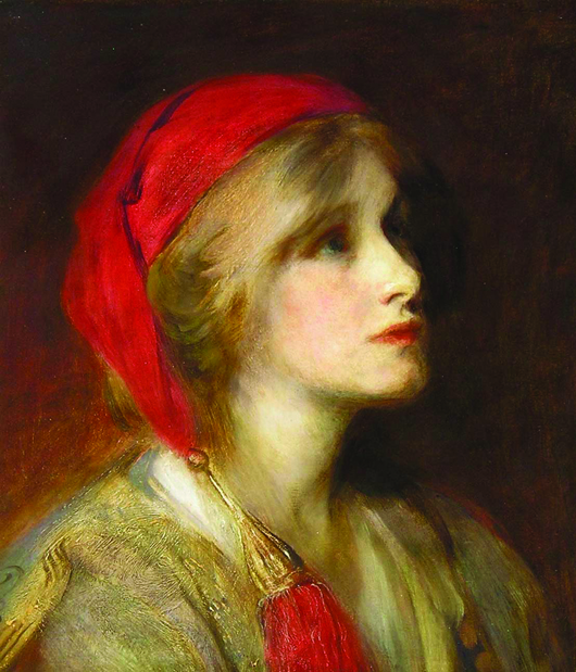 'The Red Hat,' an oil on canvas by Charles A. Buchel (exhibited 1895-1935), which will be offered at £14,000 ($22,635), by Elford Fine Art at the Cheshire Luxury Antiques and Fine Art Fair at the Mere Golf Club and Spa in Knutsford, Cheshire on Jan. 25-27. Image courtesy Image courtesy Cheshire Luxury Antiques and Fine Art Fair and Elford Fine Art.