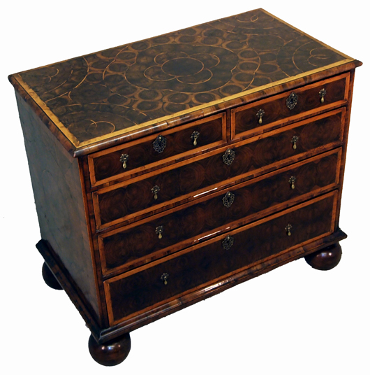 A William & Mary period laburnum oyster veneer chest of drawers, circa 1695, priced at £19,800 ($32,015) from S & S Timms Antiques at the Cheshire Luxury Antiques and Fine Art Fair. Image courtesy S & S Timms Antiques and Cheshire Luxury Antiques and Fine Art Fair.