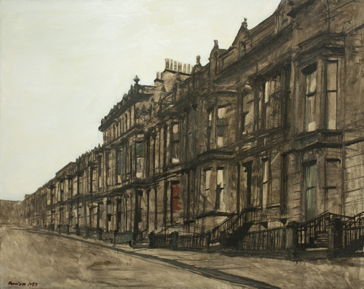 This depiction of a grimy Glasgow terrace, entitled 'Crown Terrace' (1957), is included in a retrospective of the work of Scottish landscape artist James Morrison at the Fleming Collection, Berkeley Street, London W1 from Feb. 19 to April 6. Image courtesy the Fleming Collection.