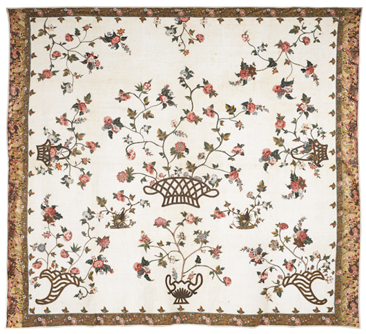 Philadelphia Broderie Perse quilt, inscribed, ‘The work of my Mother Ruth McConnell & her cousins Hannah & Mary Parry in year 1793 previous to my birth.’ Pook & Pook Inc. image.