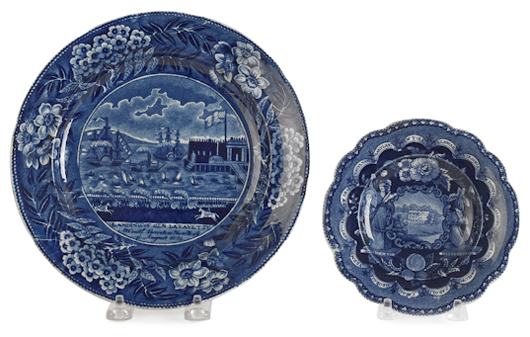 Historical blue Staffordshire toddy plate, 19th century, depicting America and Independence, 5 3/4 inches diameter, together with a Landing of Lafayette plate, 9 inches. Pook & Pook Inc. image.