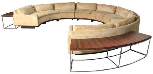 Milo Baughman (American, 1923-2003), 3-piece sectional sofa with revolving cocktail table and two rosewood sofa tables, circa 1970. Est. $4,000-$7,000. Palm Beach Modern Auctions image.
