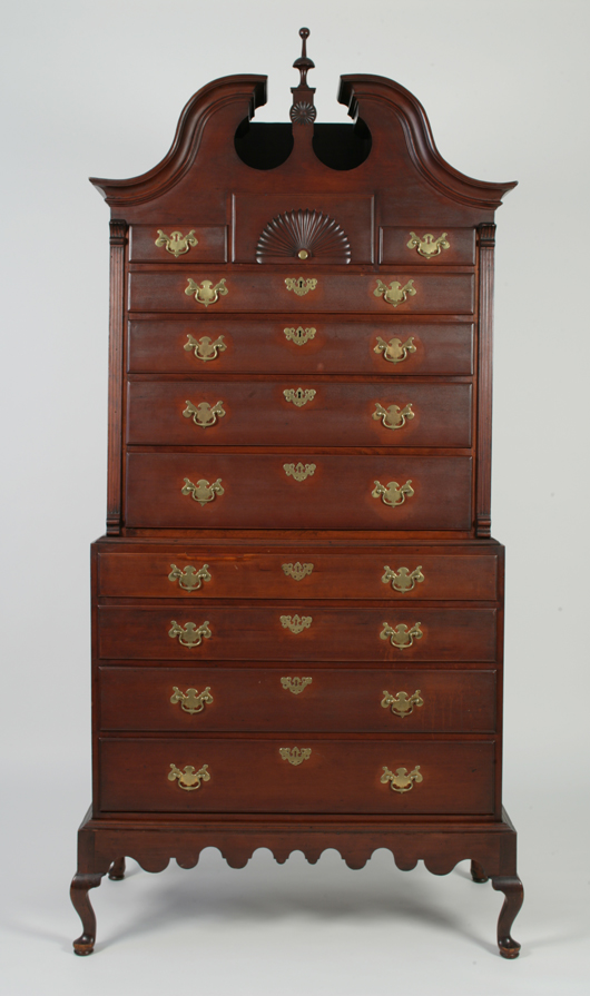 Queen Anne cherry-wood chest-on-chest on frame, Connecticut, 1750-1780, 87 1/2 inches high to top of finial, lower case 39 inches wide. Estimate: $40,000-$80,000. Keno Auctions image.