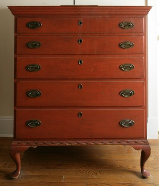Queen Anne salmon painted maple chest of drawers, attributed to Samuel Dunlap (1752-1830), Henniker or Salisbury, N.H., circa 1780-1810, 48 inches high by 37 1/2 inches wide by 18 inches deep. Estimate: $200,000-$300,000. Keno Auctions image.