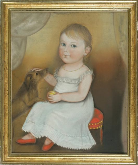 Deacon Robert Peckham (American, 1785-1877), ‘Portrait of a Young Child in a White Dress and Red Shoes with Peach and Dog,’ circa 1830, pastel on paper, 25 x 20 1/2 inches. Estimate: $60,000-$100,000. Keno Auctions image.