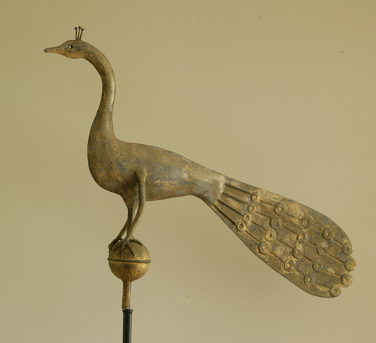 Gilt copper peacock weathervane, 1850-1877, A.L. Jewell and Co., Waltham, Mass. Estimate: $5,000-$8,000. Keno Auctions image.