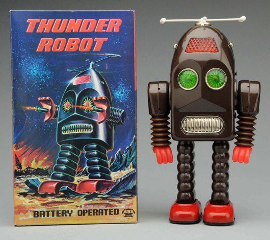Boxed Asakusa painted-tin and plastic Thunder Robot, $10,200. Morphy Auctions image.