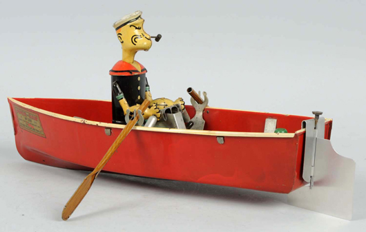 Hoge tinplate Popeye in Rowboat, 15 inches long, $4,800. Morphy Auctions image.