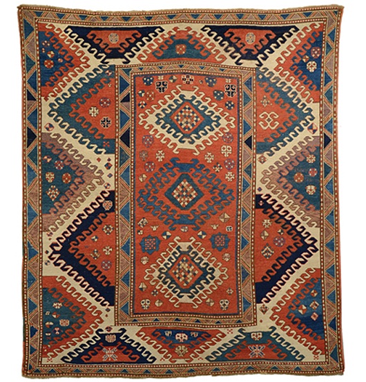 One of James Opie's rugs, a Bordjalou Kazak rug. Estimate: $10,000-$20,000. Grogan and Co. Fine Art Auctioneers.