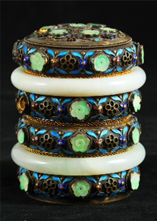 Jadeite mounted cylindrical box, Qing period, from an imperial collection. China Arts image.