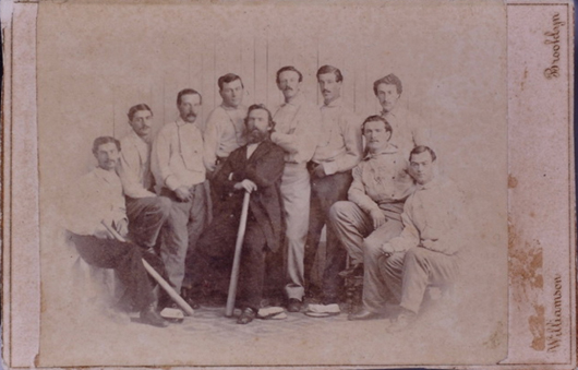 1865 baseball card depicting the Brooklyn Atlantics amateur baseball club. Image courtesy of Saco River Auction Co.