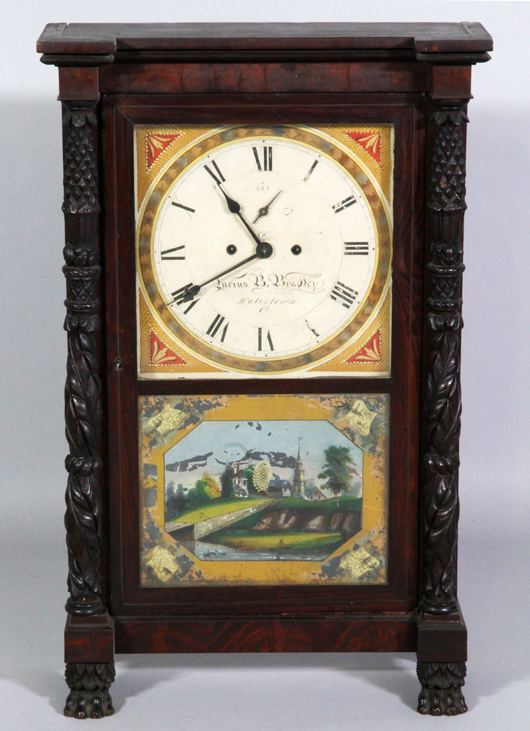 Lucius B. Bradley, Watertown Conn., mantel clock in carved mahogany case bearing label of Charles Platt (clock case maker), dated 1810, 28 3/4 inches high by 18 inches wide. Price realized: $5,000. Kaminski Auctions image.