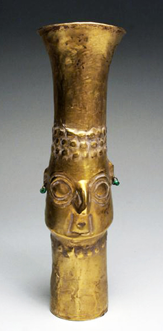 Sican gold beaker with depiction of the god Naylamp, North Coast Peru, circa 800-1,000 CE. Estimate $15,000-$20,000. Antiquities Saleroom image.