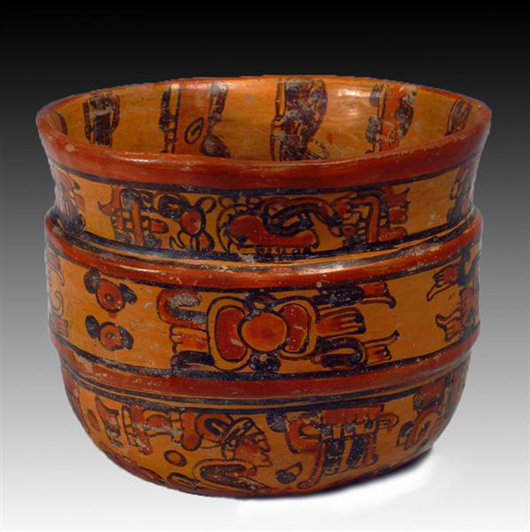 Mayan Ulua Valley banded vessel, ex-Andy Warhol collection, Honduras, circa 500-900 CE. Estimate $3,000-$4,000. Antiquities Saleroom image.