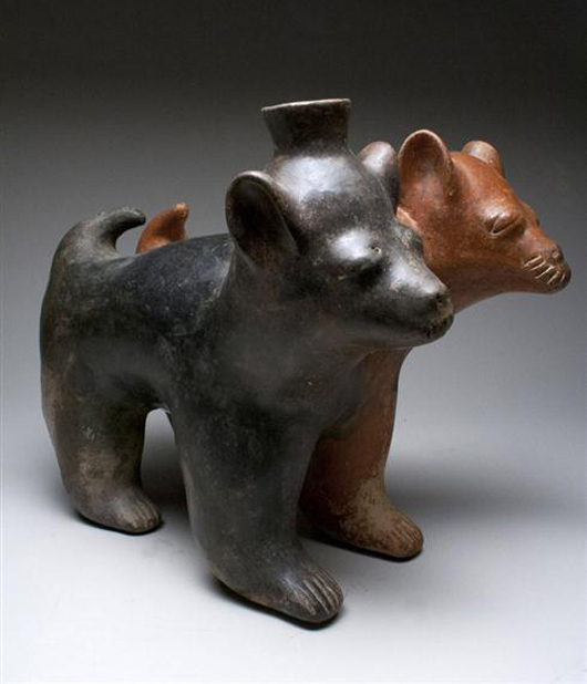A Jalisco janiform dog vessel, rare form, Mexico, circa 0-200 CE. Estimate $5,000 - $7,000. Antiquities Saleroom image.