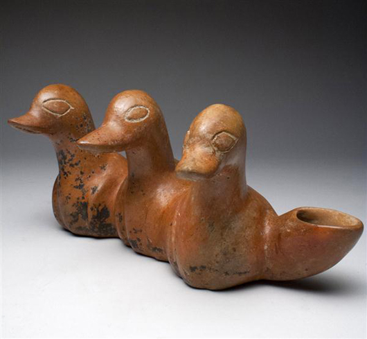 Extremely rare Colima triple-duck vessel, West Mexico, circa 200 BCE-200 CE. Estimate $5,000-$7,000. Antiquities Saleroom image.
