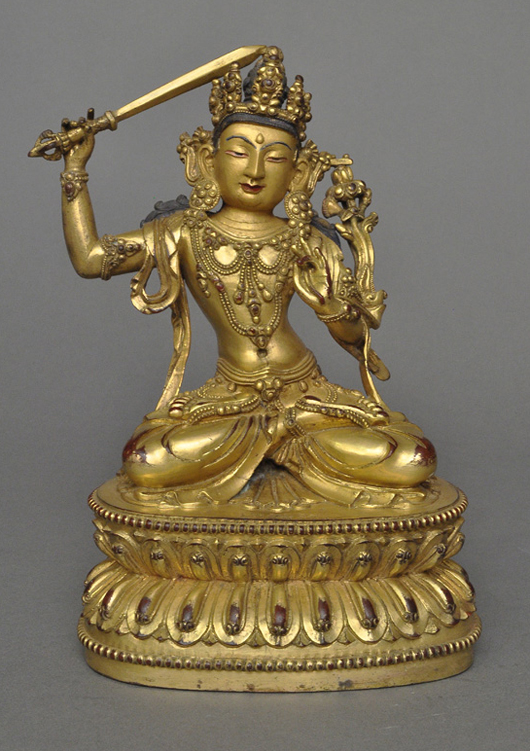 Sino-Tibetan gilt bronze Manjushri. Zanaba Auctions image.