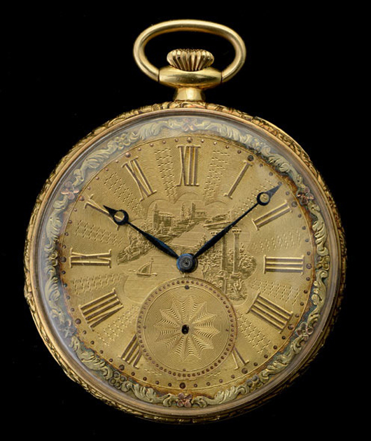 Open-face pocket watch, 18K gold. Price realized: $1,082. Michaan’s Auction image.