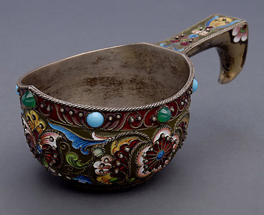 Russian enamel on silver kovsh. Price realized: $4,130. Michaans’ Auctions image.
