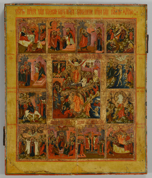 Russian icon depicting the Resurrection and twelve cardinal feast days. Estimate: $3,500-$4,500. Case Antiques Auction image.